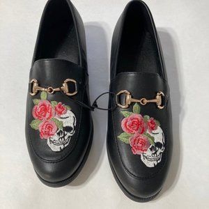 NWT Black Loafers with Embroidered Skull & Roses